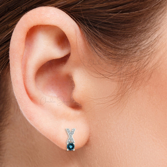 Round Cut AAA London Blue Topaz Studs Earring 14k Solid Gold With White Diamond Criss Cross Earring For Daughter