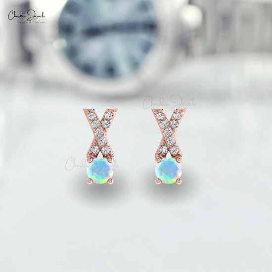 Load image into Gallery viewer, Natural Ethiopian Opal Handmade Studs Earring 14k Solid Gold White Diamond Earring 5mm Round Cut Handmade Gemstone Criss Cross Earring For Women&amp;#39;s
