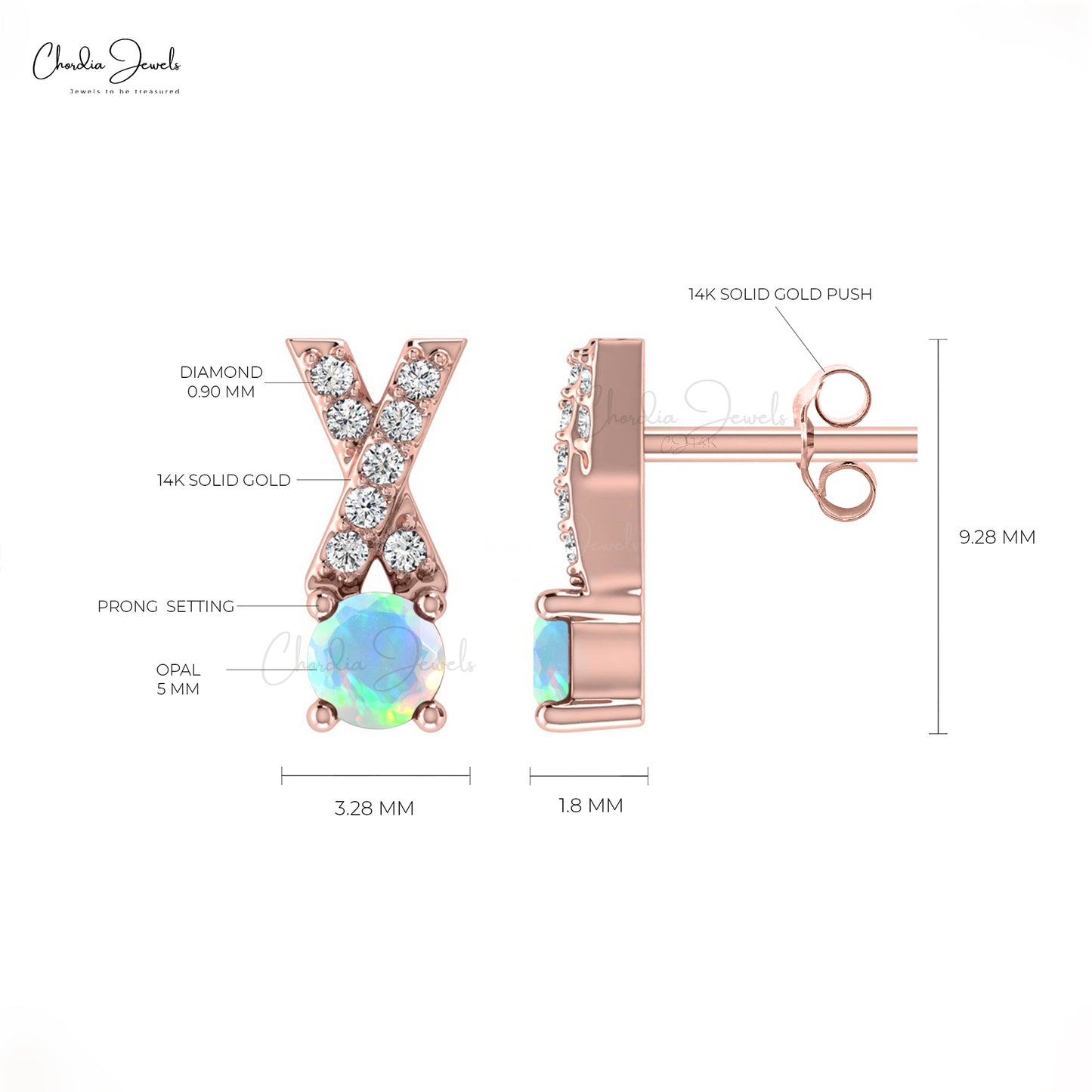 Natural Ethiopian Opal Handmade Studs Earring 14k Solid Gold White Diamond Earring 5mm Round Cut Handmade Gemstone Criss Cross Earring For Women's