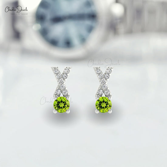 Load image into Gallery viewer, Natural Peridot Criss Cross Studs Earring 14k Solid Gold White Diamond Earring 5mm Round Cut Handmade Gemstone  Earring For Anniversary Gift
