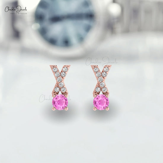 AAA Quality Pink Sapphire Handmade Studs Earring 14k Solid Gold With White Diamond Criss Cross Earring 5mm Round Cut Gemstone Earring's