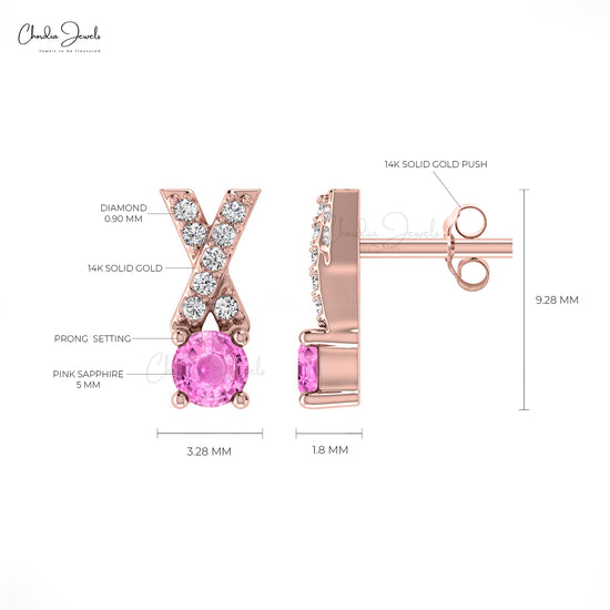 AAA Quality Pink Sapphire Handmade Studs Earring 14k Solid Gold With White Diamond Criss Cross Earring 5mm Round Cut Gemstone Earring's