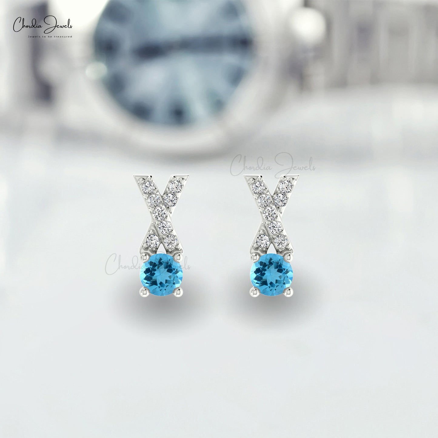 Natural Swiss Blue Topaz Studs Earring In 14k Solid Gold With White Diamond Criss Cross Earring 5mm Round Cut Handmade Gemstone Earring For Women's