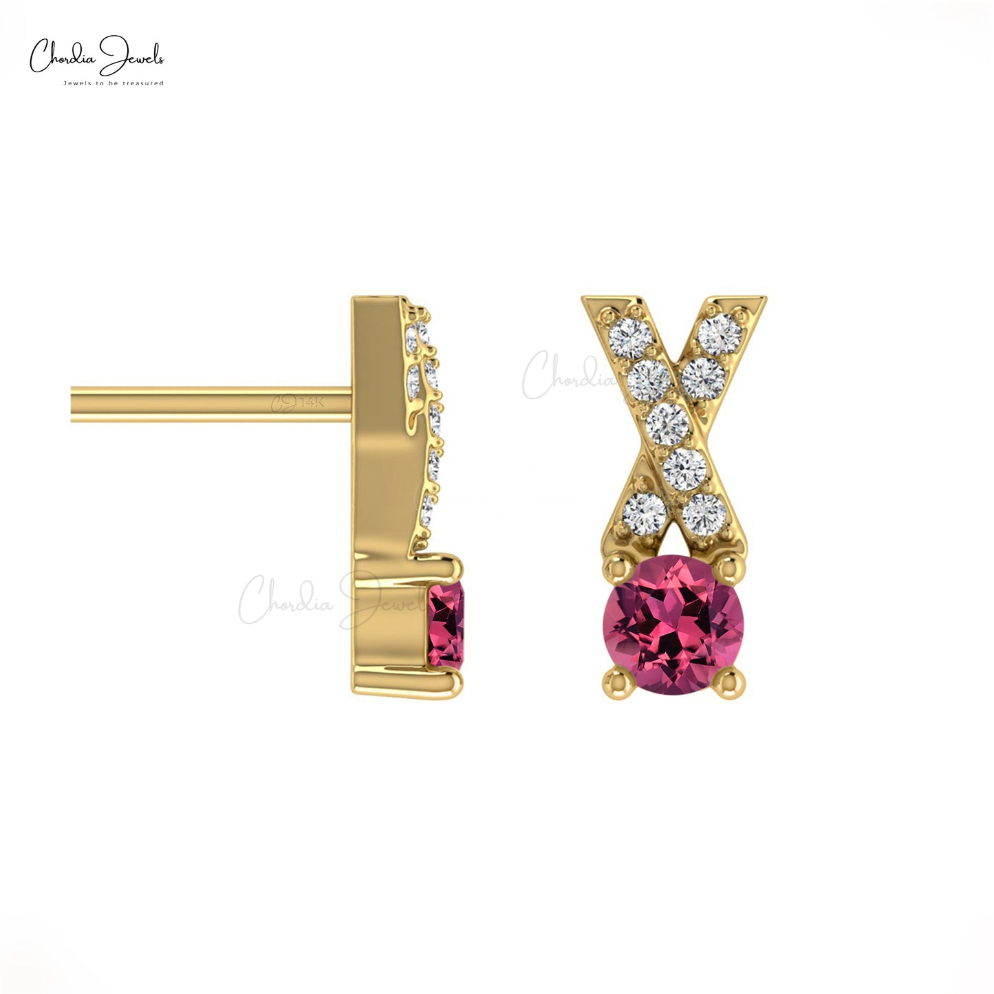 AAA Qaulity Pink Tourmaline Studs Earring In 14k Solid Gold With White Diamond Criss Cross Earring 5mm Round Cut Handmade Gemstone Earring For Women's