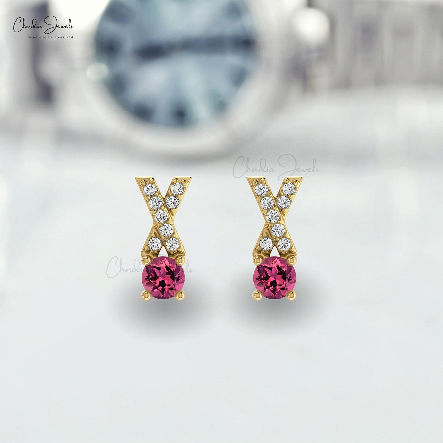 AAA Qaulity Pink Tourmaline Studs Earring In 14k Solid Gold With White Diamond Criss Cross Earring 5mm Round Cut Handmade Gemstone Earring For Women's
