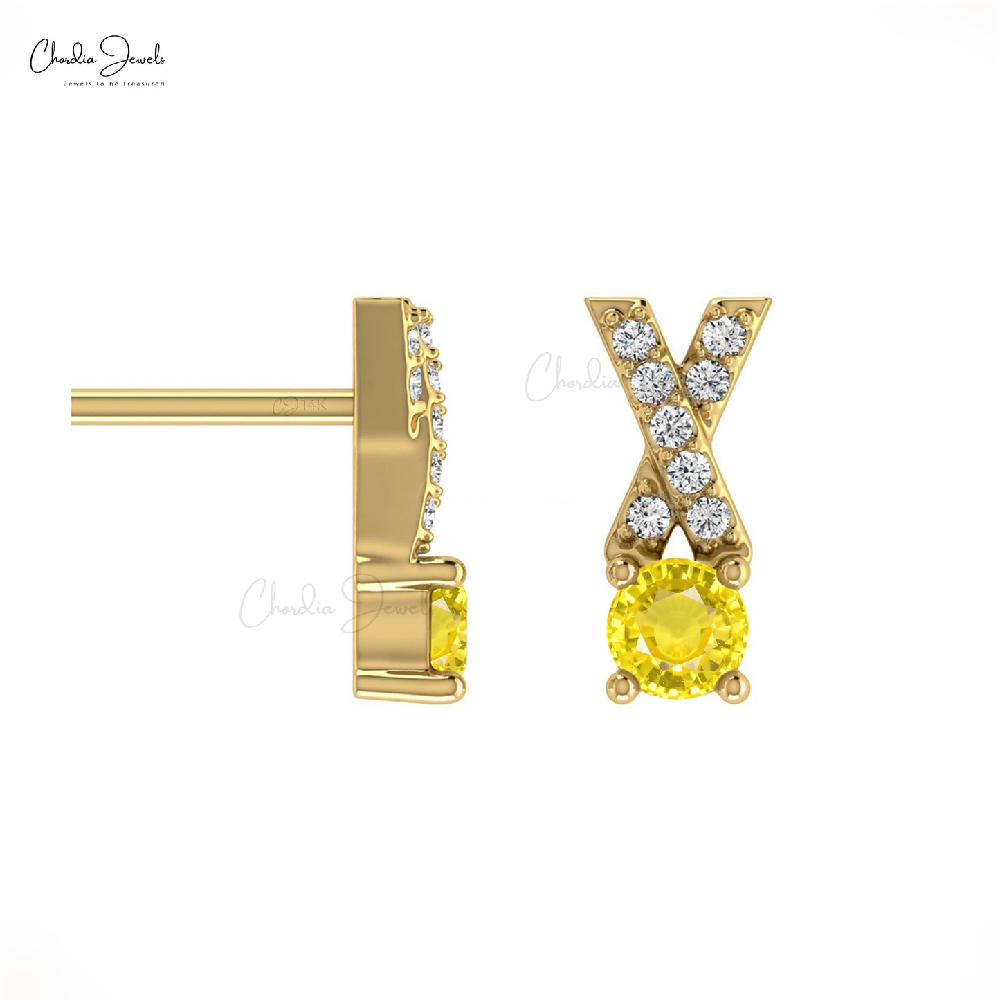 Natural Yellow Sapphire Criss Cross Handmade Studs Earring 14k Solid Gold White Diamond Earring 5mm Round Cut Gemstone Earring For Women's
