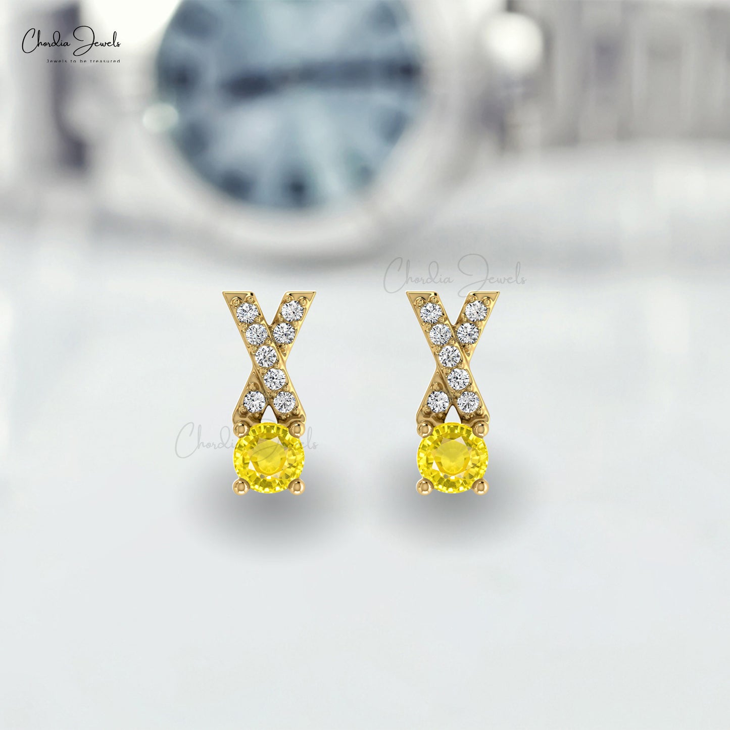 Natural Yellow Sapphire Criss Cross Handmade Studs Earring 14k Solid Gold White Diamond Earring 5mm Round Cut Gemstone Earring For Women's