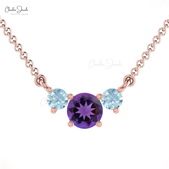 Three-Stone Necklace In Hallmarked 14k Gold Genuine Round Amethyst & Aquamarine Necklace For Women