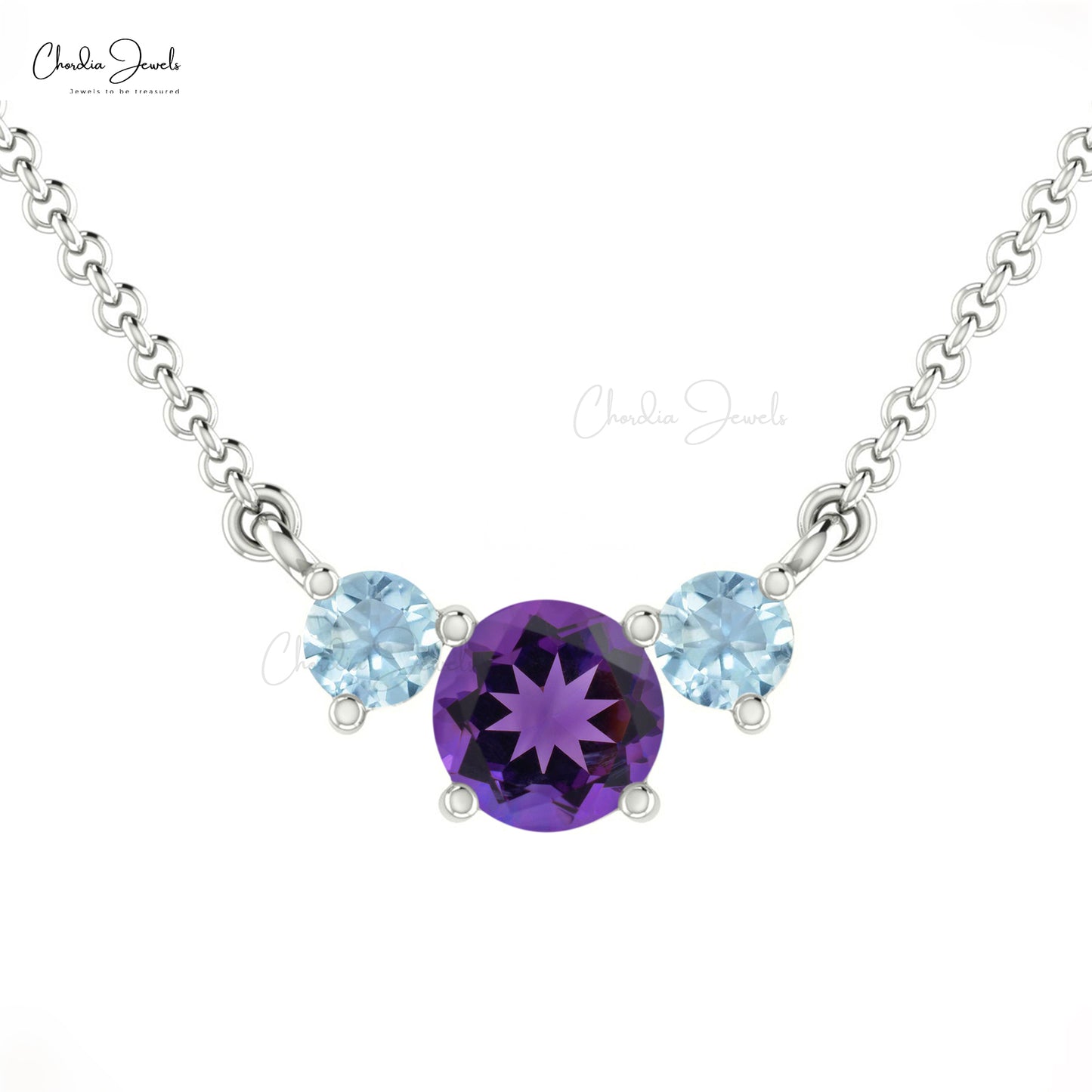 Three-Stone Necklace In Hallmarked 14k Gold Genuine Round Amethyst & Aquamarine Necklace For Women