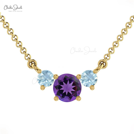 Three-Stone Necklace In Hallmarked 14k Gold Genuine Round Amethyst & Aquamarine Necklace For Women