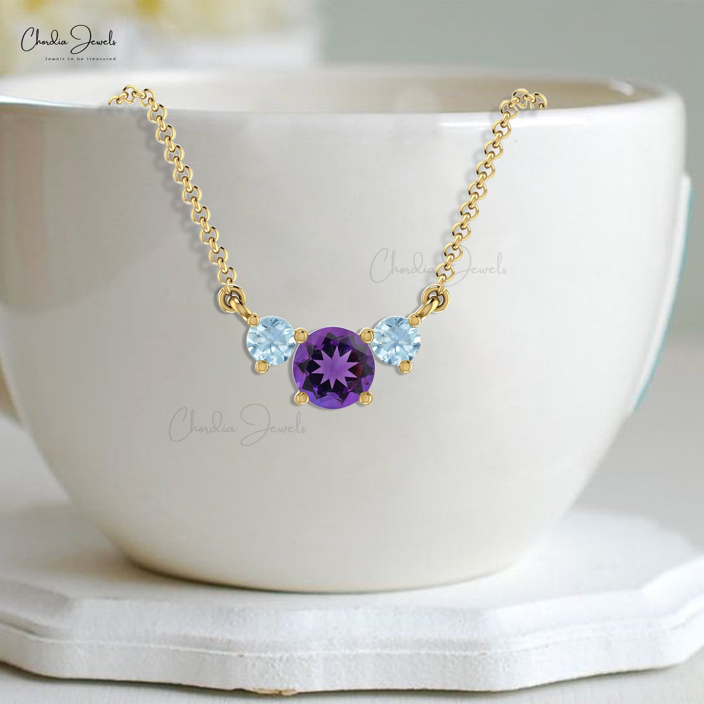 Three-Stone Necklace In Hallmarked 14k Gold Genuine Round Amethyst & Aquamarine Necklace For Women