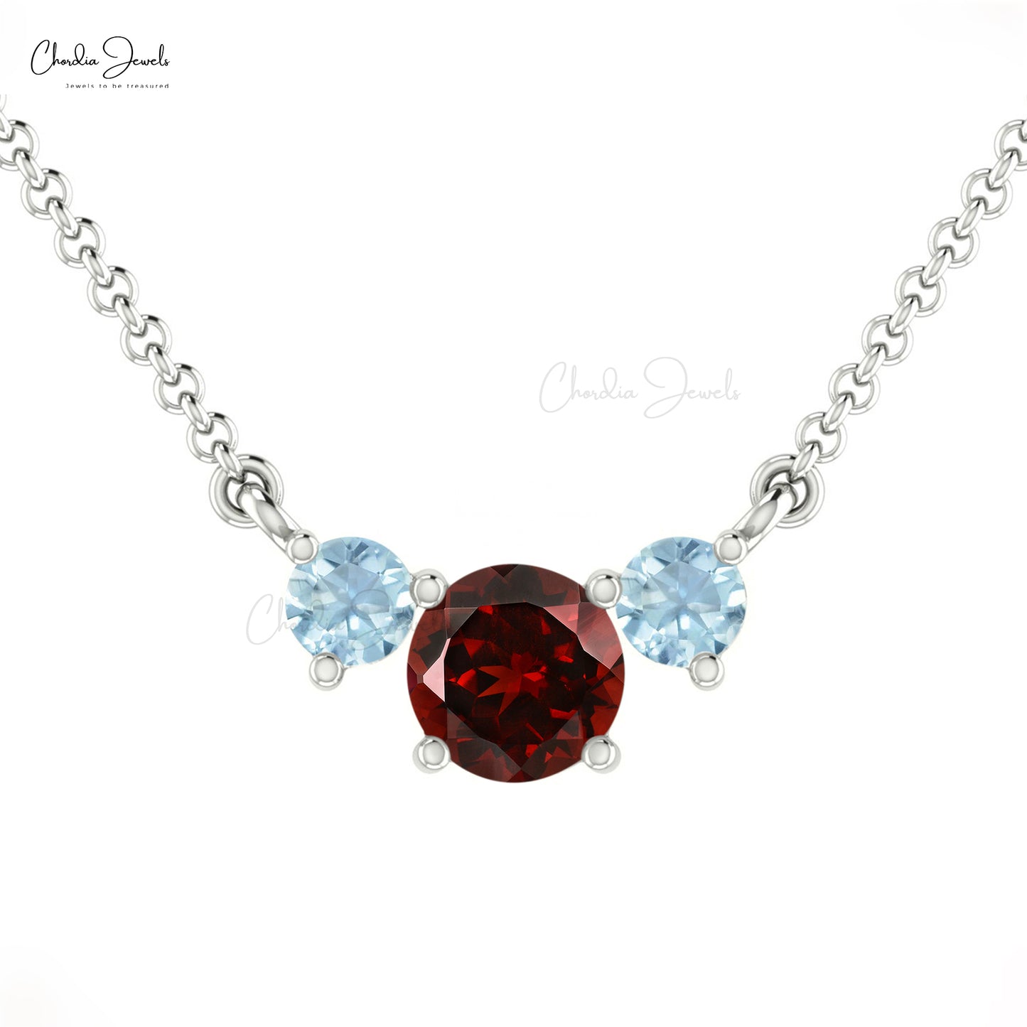 Lavaliere Necklace With Aquamarine & Garnet Gemstone 14k Real Gold 3-Stone Statement Necklace