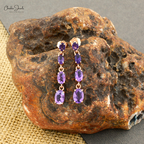 natural amethyst drop earrings 4x3mm oval cut gemstone 14k solid rose gold