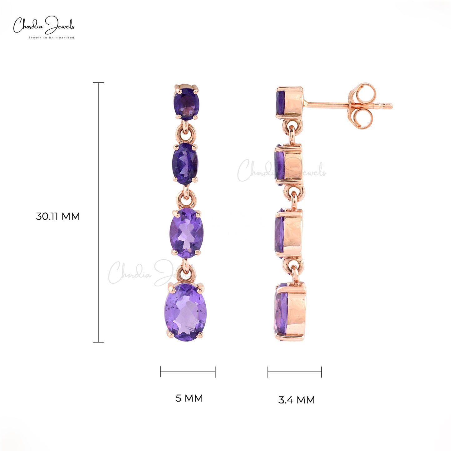 natural amethyst drop earrings 4x3mm oval cut gemstone 14k solid rose gold