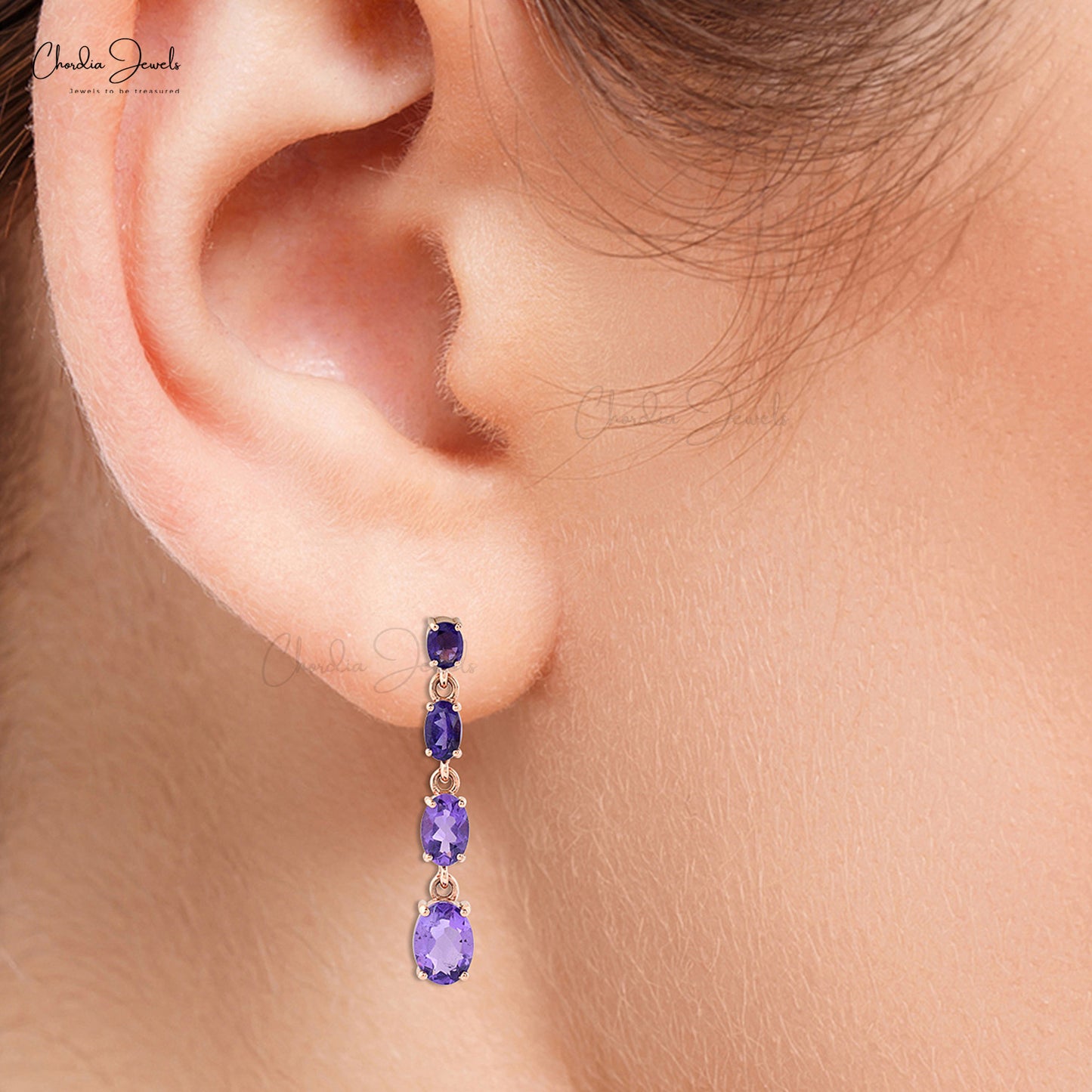 natural amethyst drop earrings 4x3mm oval cut gemstone 14k solid rose gold