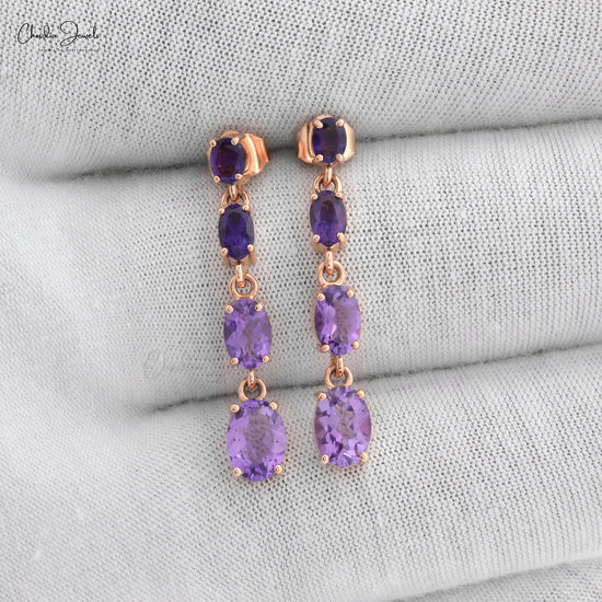 natural amethyst drop earrings 4x3mm oval cut gemstone 14k solid rose gold