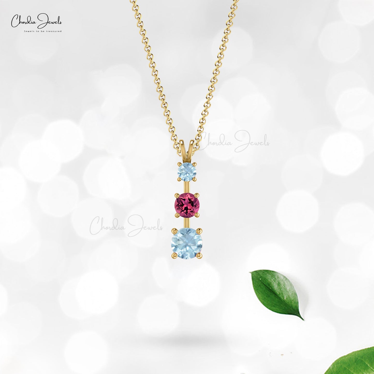 Natural Pink Tourmaline 3 Stone Pendant In 14k Real Gold Aquamarine Fine Women Jewelry