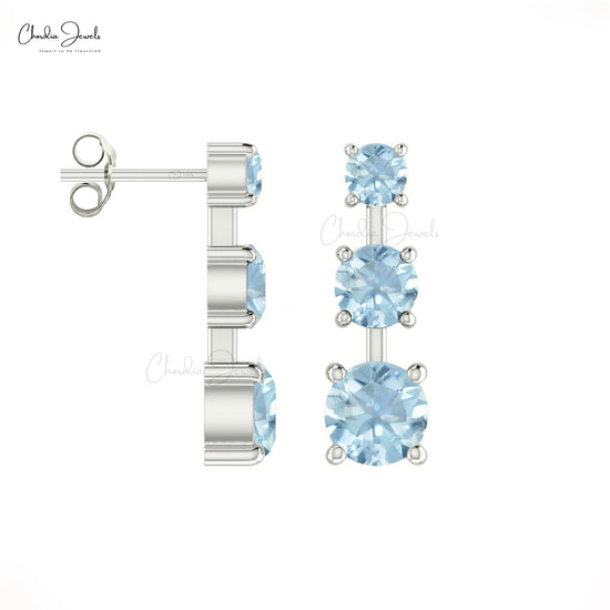 Three Stone Studs Earrings With Aquamarine Gemstone 14k Solid Gold Push Back Dainty Earring