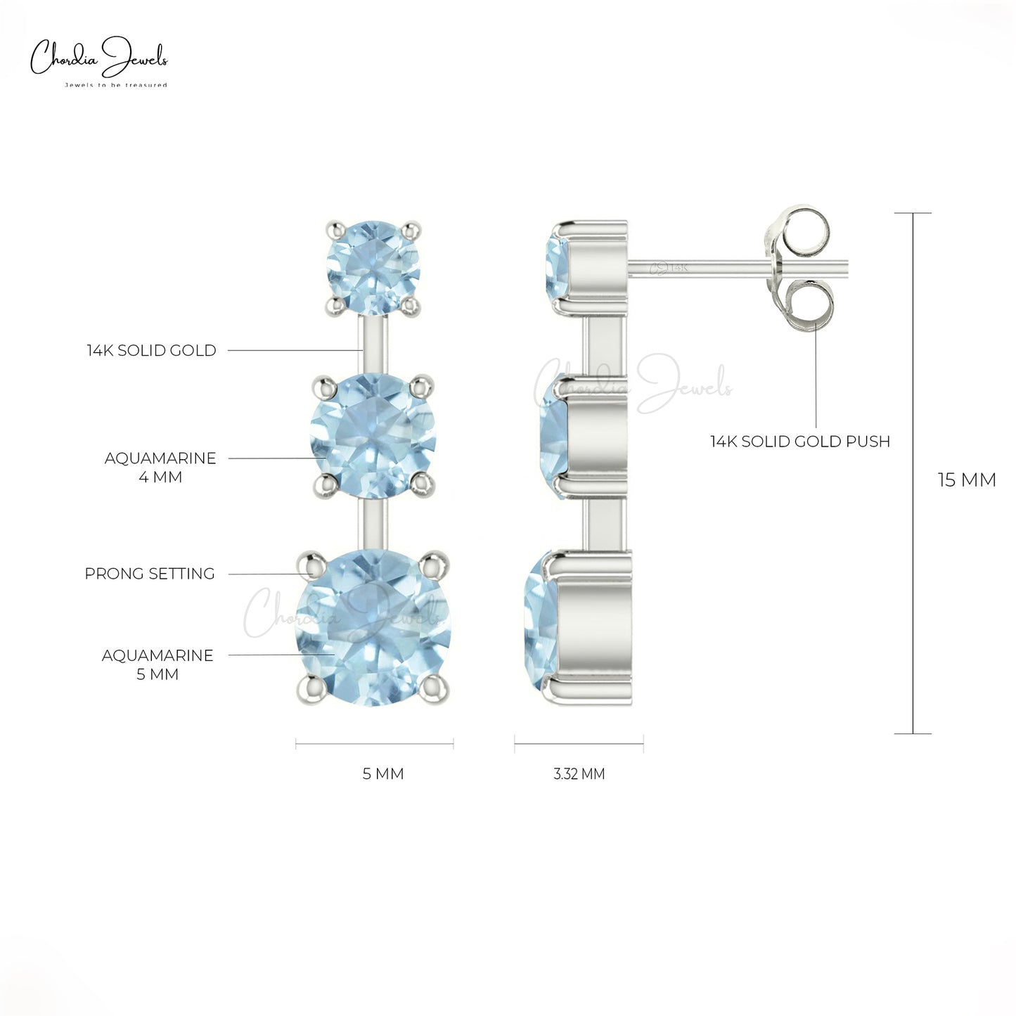 Three Stone Studs Earrings With Aquamarine Gemstone 14k Solid Gold Push Back Dainty Earring