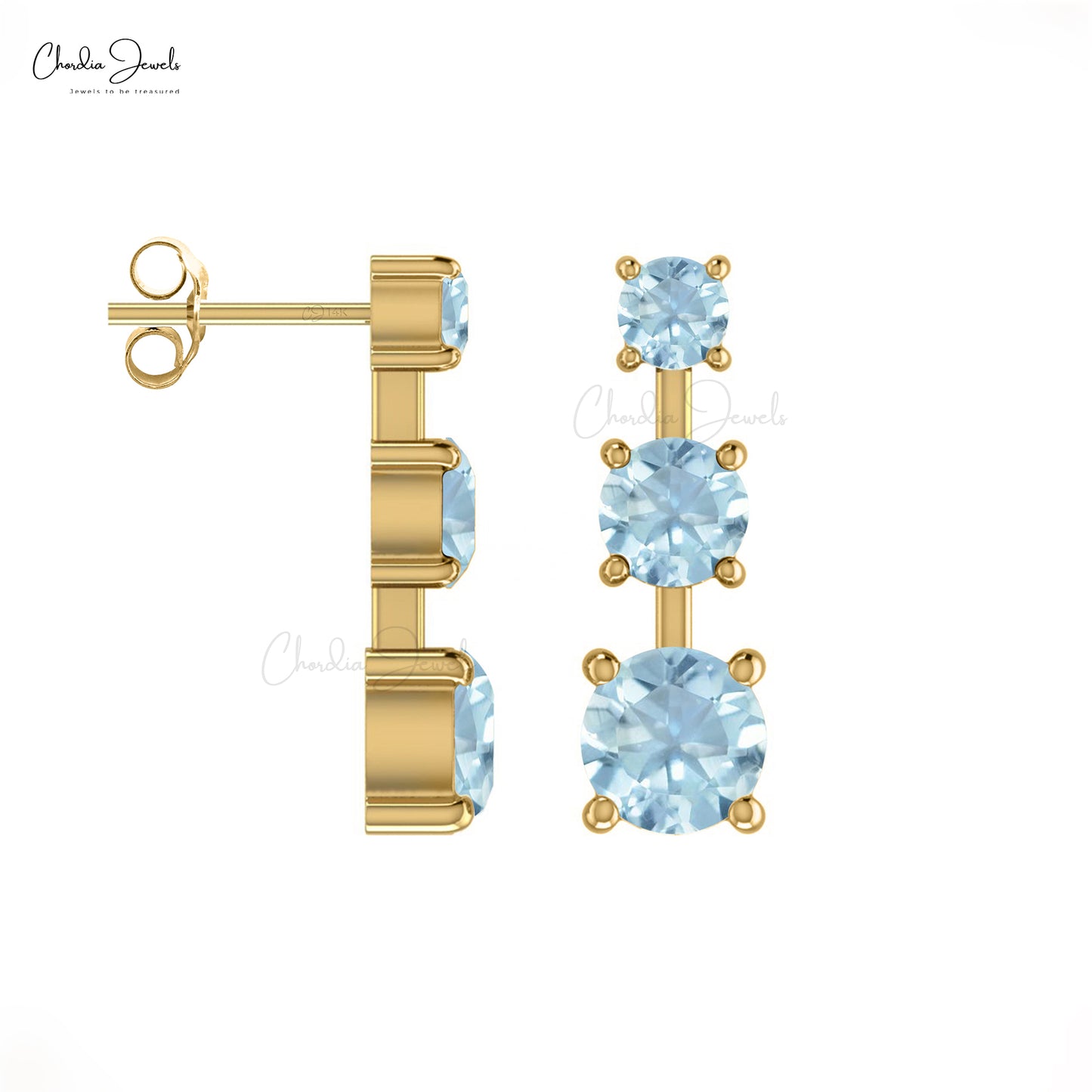 Three Stone Studs Earrings With Aquamarine Gemstone 14k Solid Gold Push Back Dainty Earring