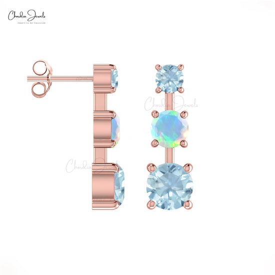 Trilogy Earrings In 14k Solid Gold Natural Opal & Aquamarine Gemstone Studs For Women