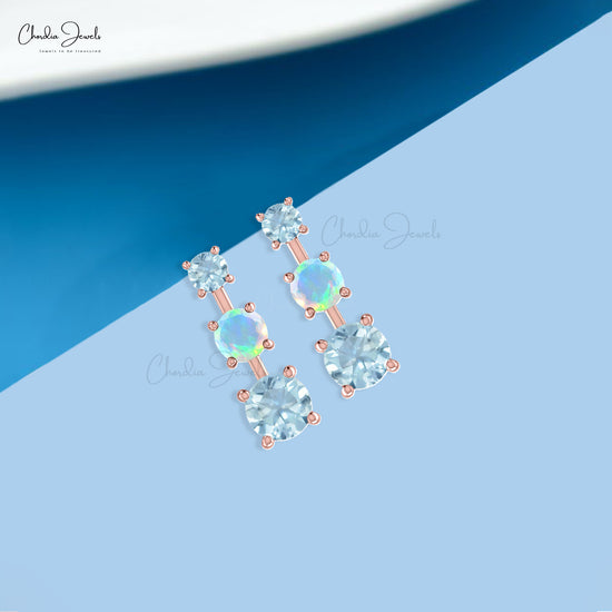 Trilogy Earrings In 14k Solid Gold Natural Opal & Aquamarine Gemstone Studs For Women