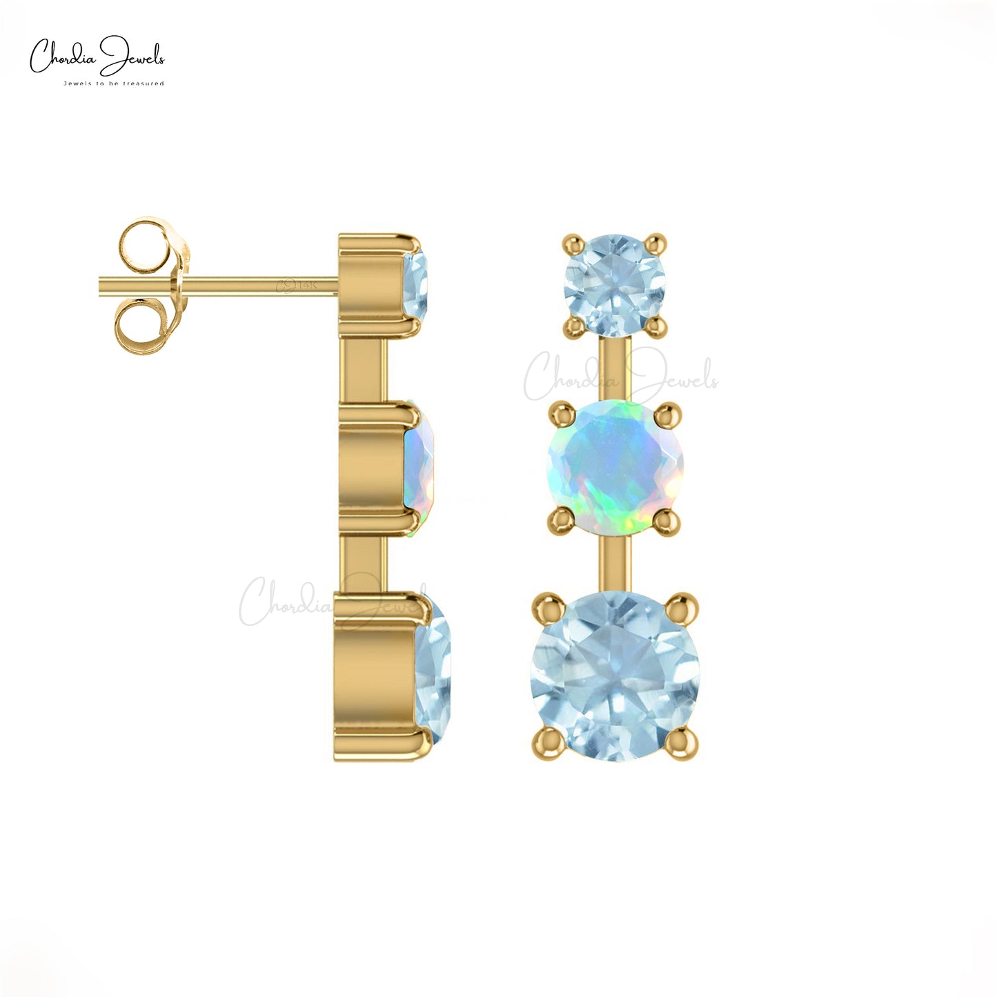 Trilogy Earrings In 14k Solid Gold Natural Opal & Aquamarine Gemstone Studs For Women