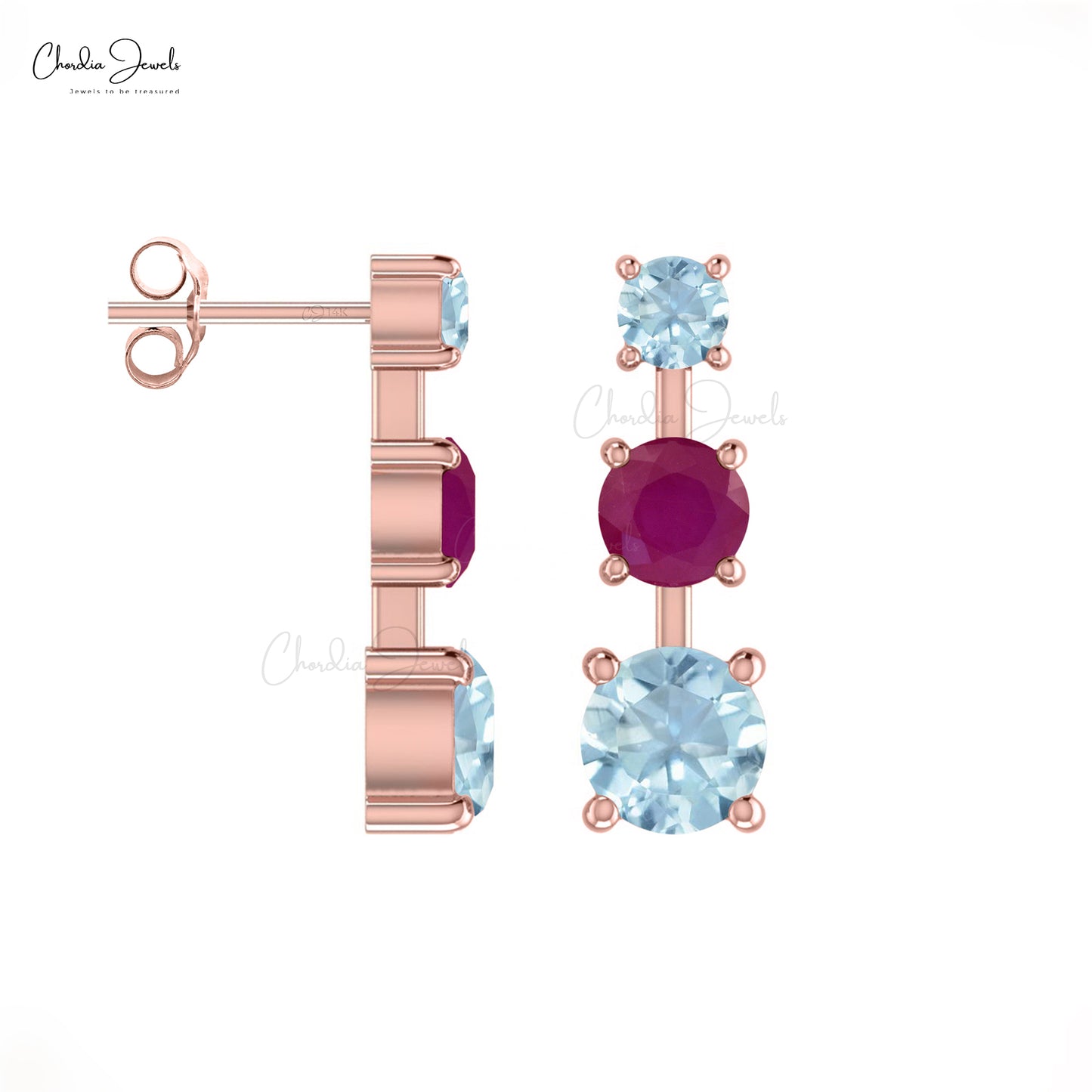 Genuine Ruby & Aquamarine 3 Stone Studs 14k Solid Gold Statement Earrings For New Year Gift