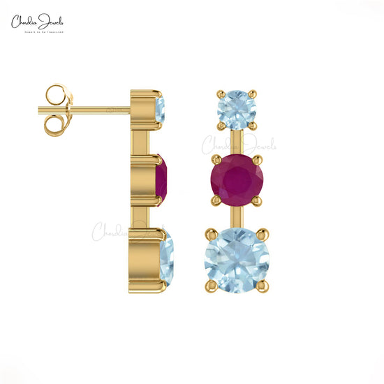 Genuine Ruby & Aquamarine 3 Stone Studs 14k Solid Gold Statement Earrings For New Year Gift