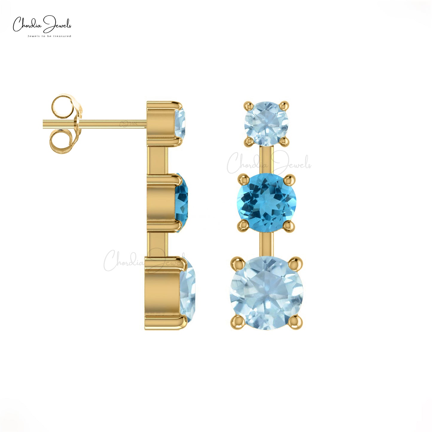Natural Swiss Blue Topaz & Aquamarine Unique 14k Real Gold 3-Stone Earrings For Her