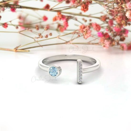 Natural Aquamarine Diamond Ring 14k Solid Gold Split Shank Ring 3mm Round Cut Gemstone Ring For Engagement