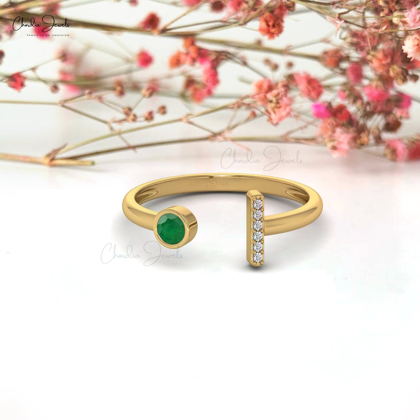 Natural Emerald 3mm Round Cut Gemstone Split Shank Ring 14k Solid Gold Diamond  Ring For Engagement