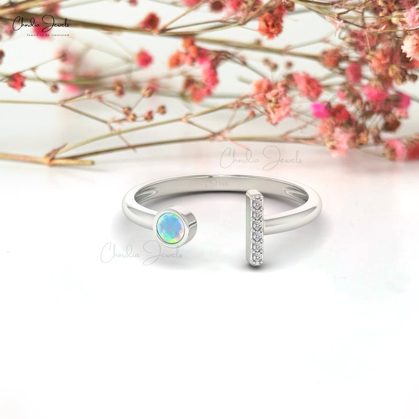 Split Shank Gemstone Ring in 14k Real Gold Fire Opal And Pave Diamond Proposal Ring