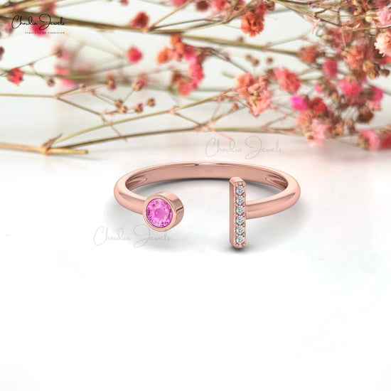 AAA Pink Sapphire Open Cuff Ring 3mm Round Cut Gemstone Promise Ring 14k Solid Gold White Diamond Handmade Ring For September Birthstone