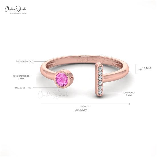 AAA Pink Sapphire Open Cuff Ring 3mm Round Cut Gemstone Promise Ring 14k Solid Gold White Diamond Handmade Ring For September Birthstone