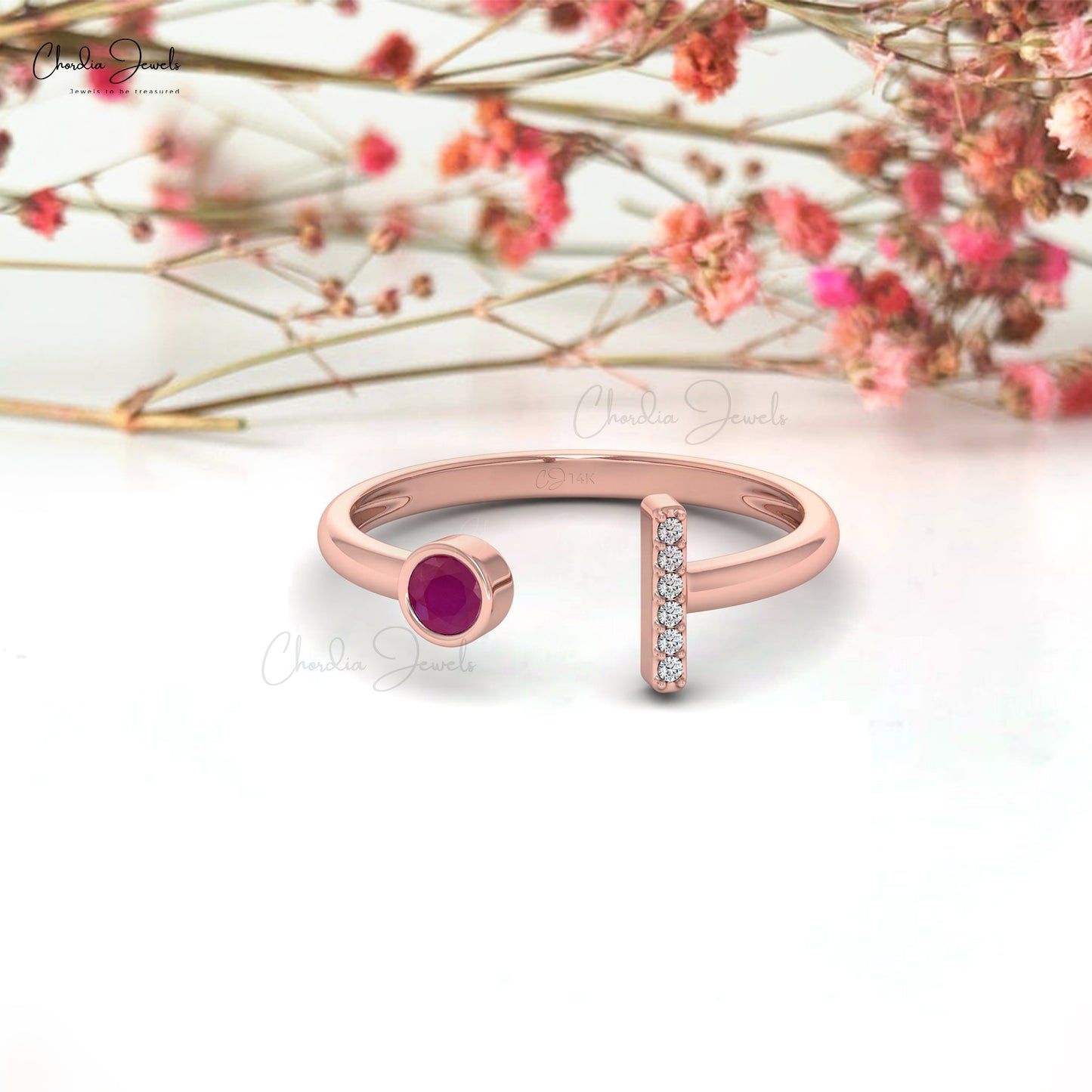 14k White Gold Natural Round Diamond and Ruby Ring —