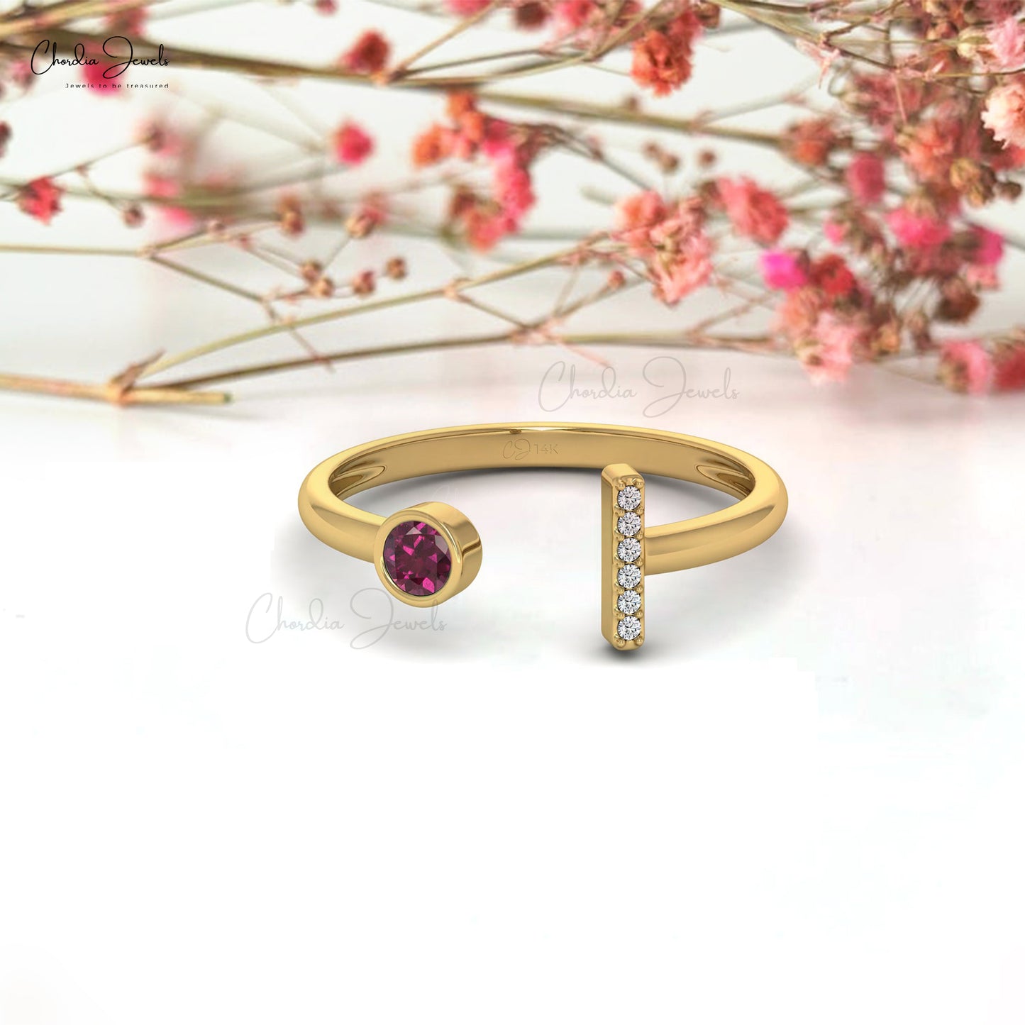 Diamond Bar Bridal Ring In Solid 14k Gold Rhodolite Garnet 0.19 Ct Gemstone Open Cuff Ring
