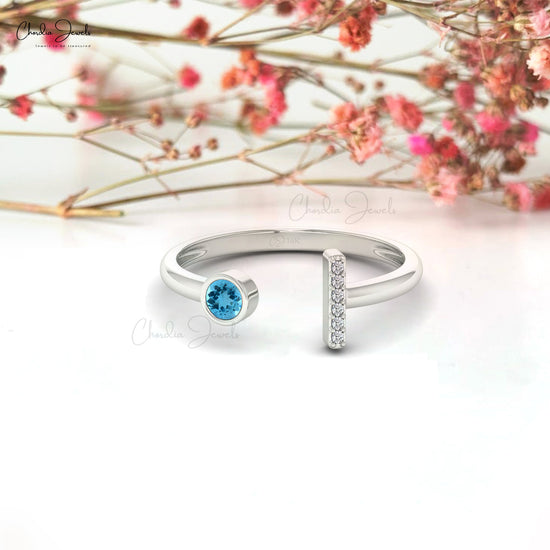 Natural Swiss Blue Topaz Diamond Ring 14k Solid Gold Split Shank Ring 3mm Round Cut Gemstone Ring For Anniversary Gift
