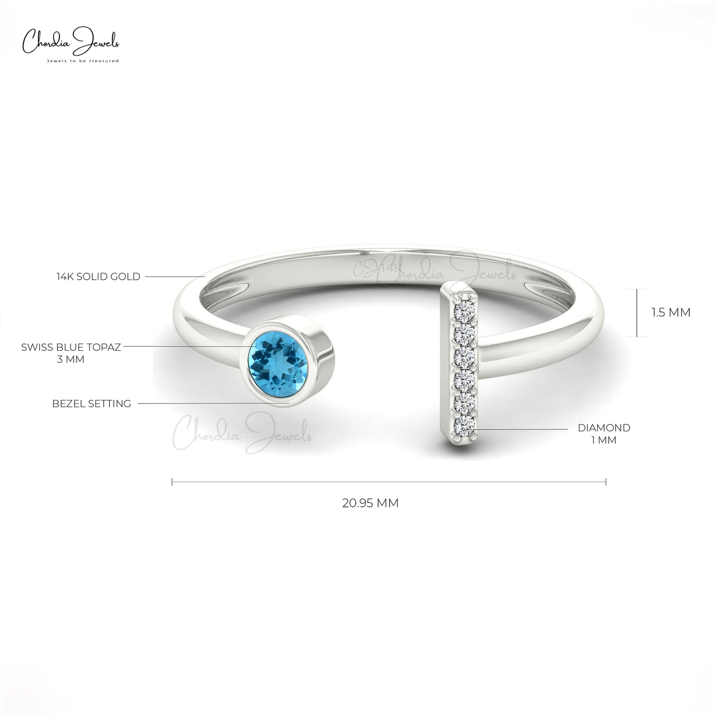 Natural Swiss Blue Topaz Diamond Ring 14k Solid Gold Split Shank Ring 3mm Round Cut Gemstone Ring For Anniversary Gift