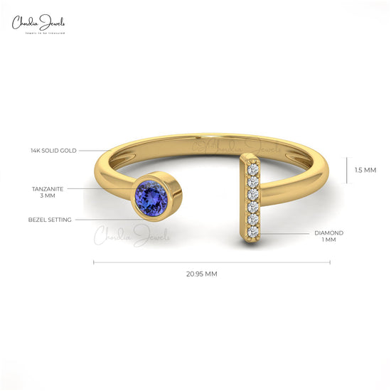 Split Shank Ring With Tanzanite Gemstone 14k Solid Gold Diamond Bar Unique Promise Ring