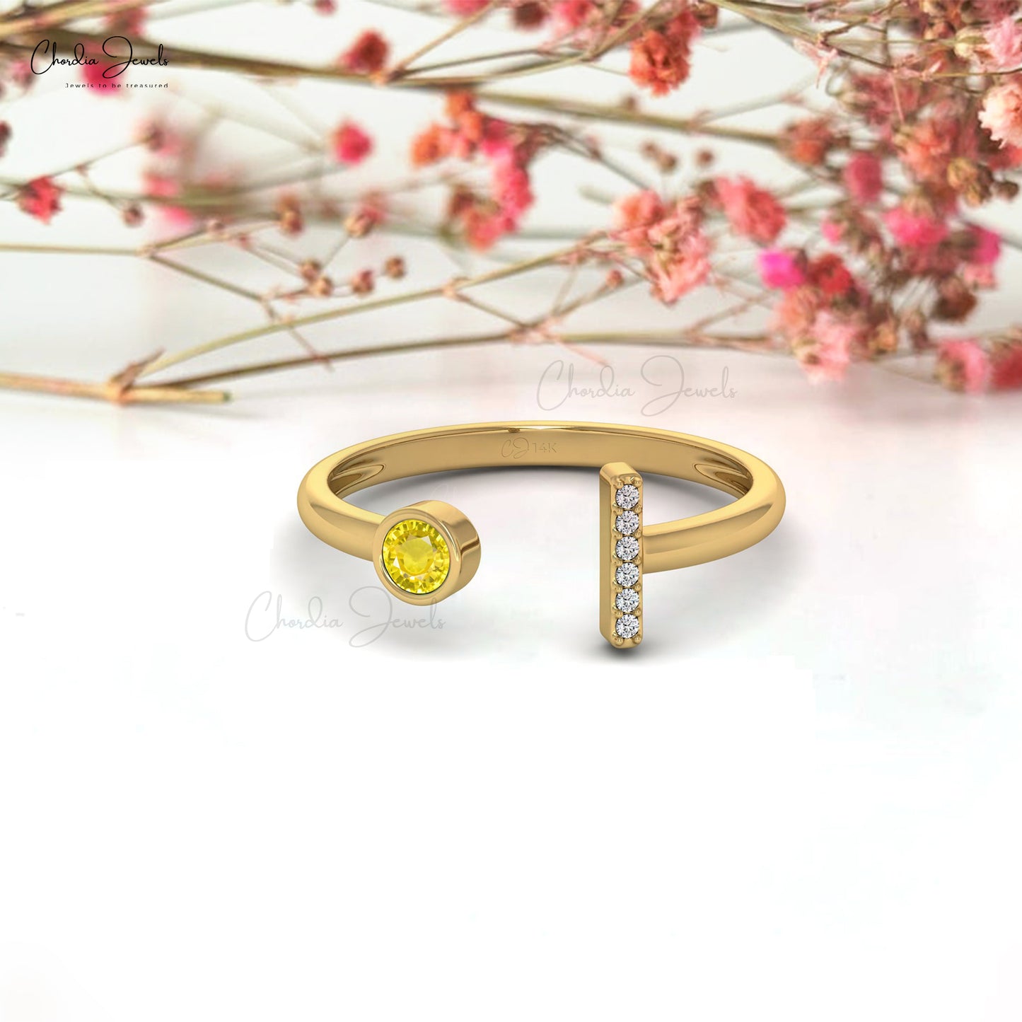 Bezel Set Split Shank Ring In 14k Solid Gold Yellow Sapphire And Diamond Fine Ring