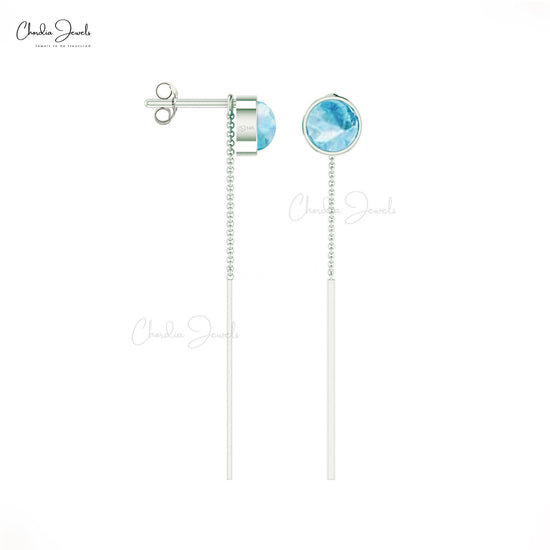 Genuine Luster Aquamarine Dainty Earrings in 14k Solid Gold March Birthstone Threader Earring