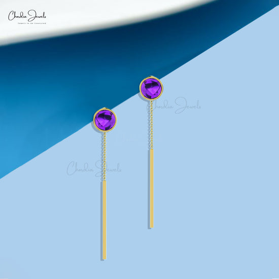 Natural Amethyst Threader Earrings 0.54Ct Round Cabochon Bezel Set Earrings 14k Real Gold Minimalist Jewelry For Bridal