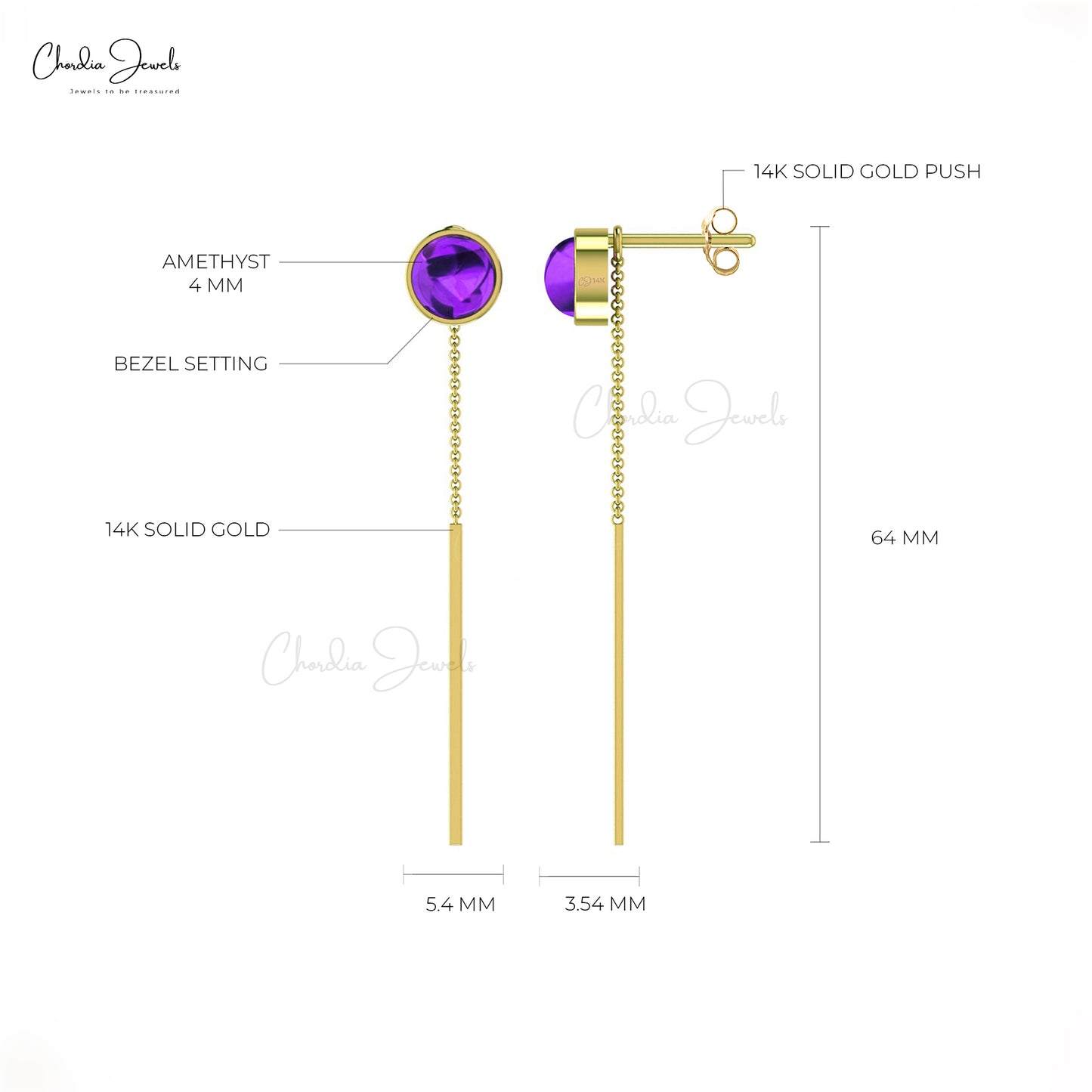 Natural Amethyst Threader Earrings 0.54Ct Round Cabochon Bezel Set Earrings 14k Real Gold Minimalist Jewelry For Bridal