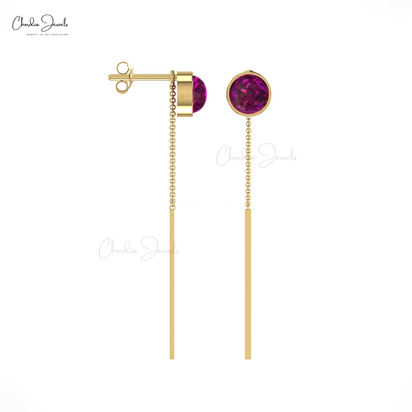 Elegant 14k Solid Gold Threader Earrings Genuine 0.70ct Rhodolite Garnet Chain Earring