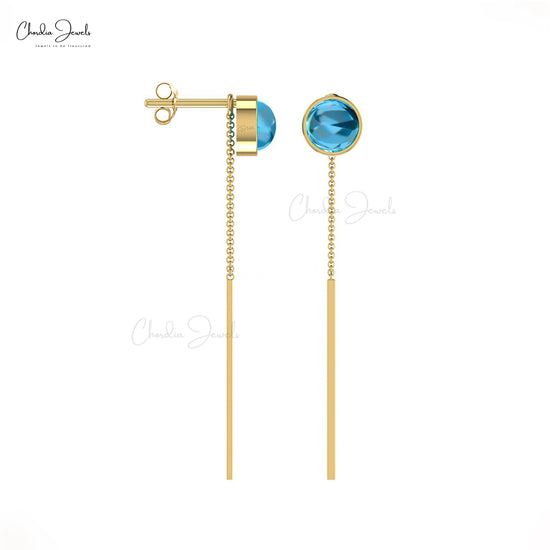 Natural 4mm Swiss Blue Topaz Threader Earrings 14k Real Gold Long Minimalist Earring