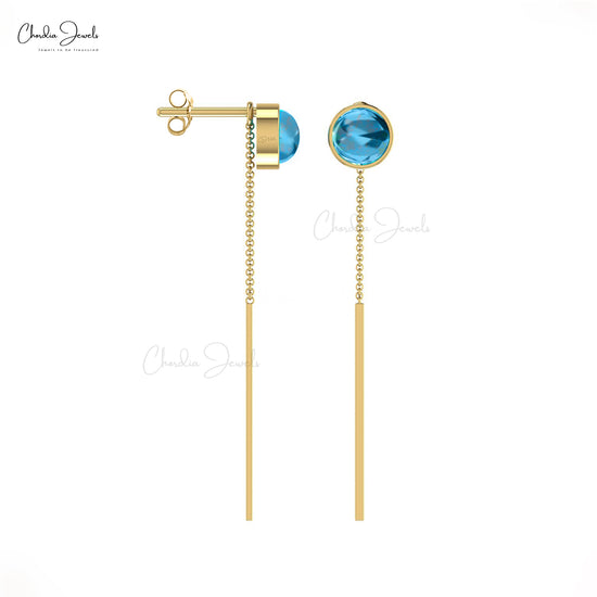 Load image into Gallery viewer, Natural 4mm Swiss Blue Topaz Threader Earrings 14k Real Gold Long Minimalist Earring
