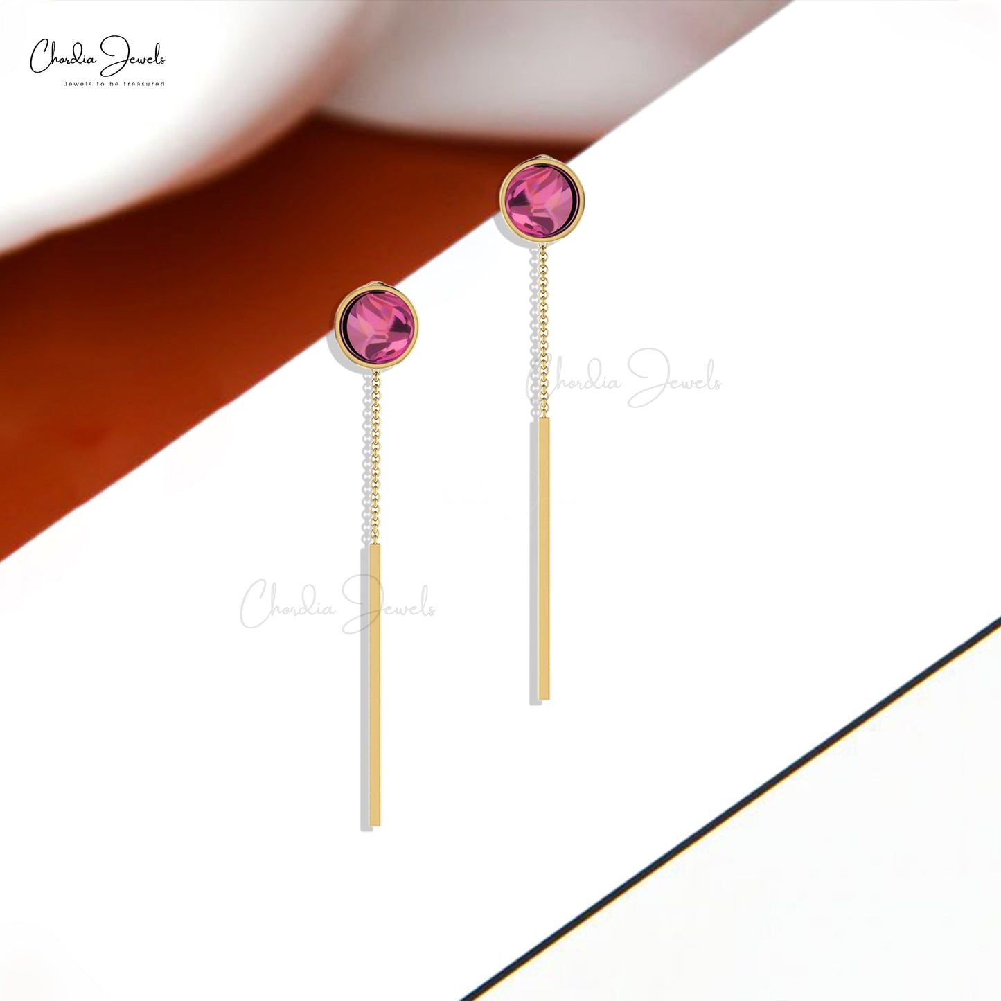 Natural Pink Tourmaline Threader Earrings 4mm Round Cabochon Bezel Set Earrings 14k Real Gold Light Weight Jewelry For Birthday Gift