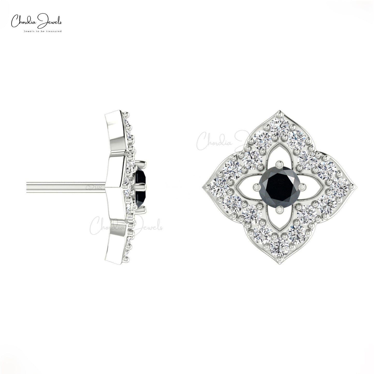 Dainty 0.06ct Black Diamond Floral Studs in 14k Solid Gold Genuine Diamond Mini Earrings