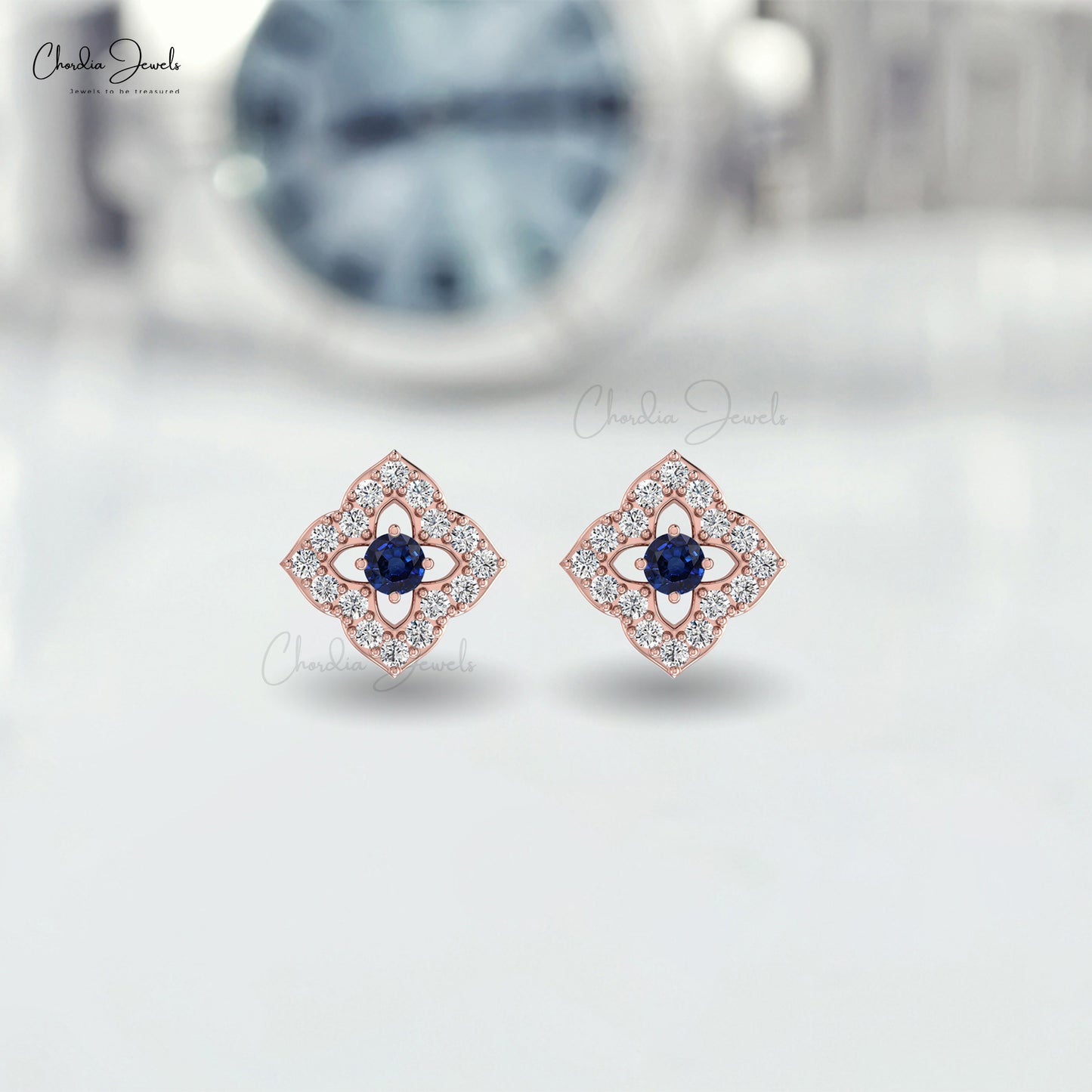 Solid 14k Gold Blossom Studs With 0.06 CT Blue Sapphire And Small Diamond Earrings For Mom